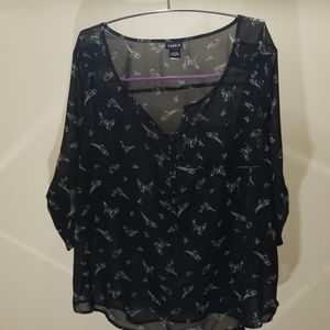 Sheer black w/ white sparrows 3/4" sleeve top